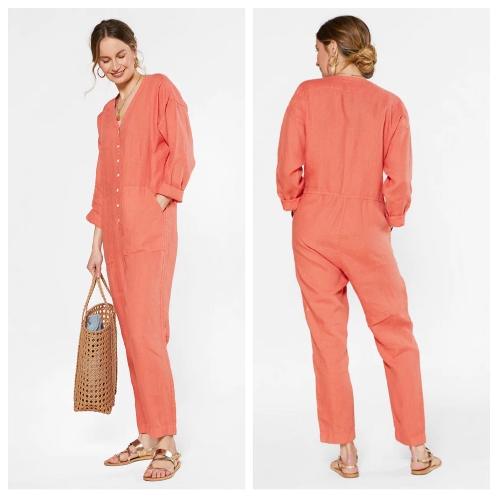 outerknown retrograde linen coral button down jumpsuit coveralls
